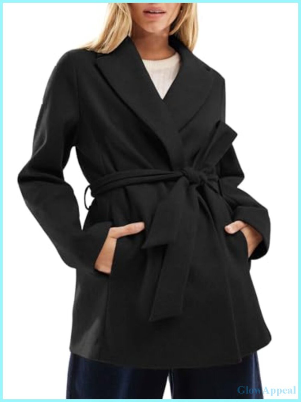 Women Wool Blend Pea Coat Notched Lapel Belted Trench Winter Warm Jacket
